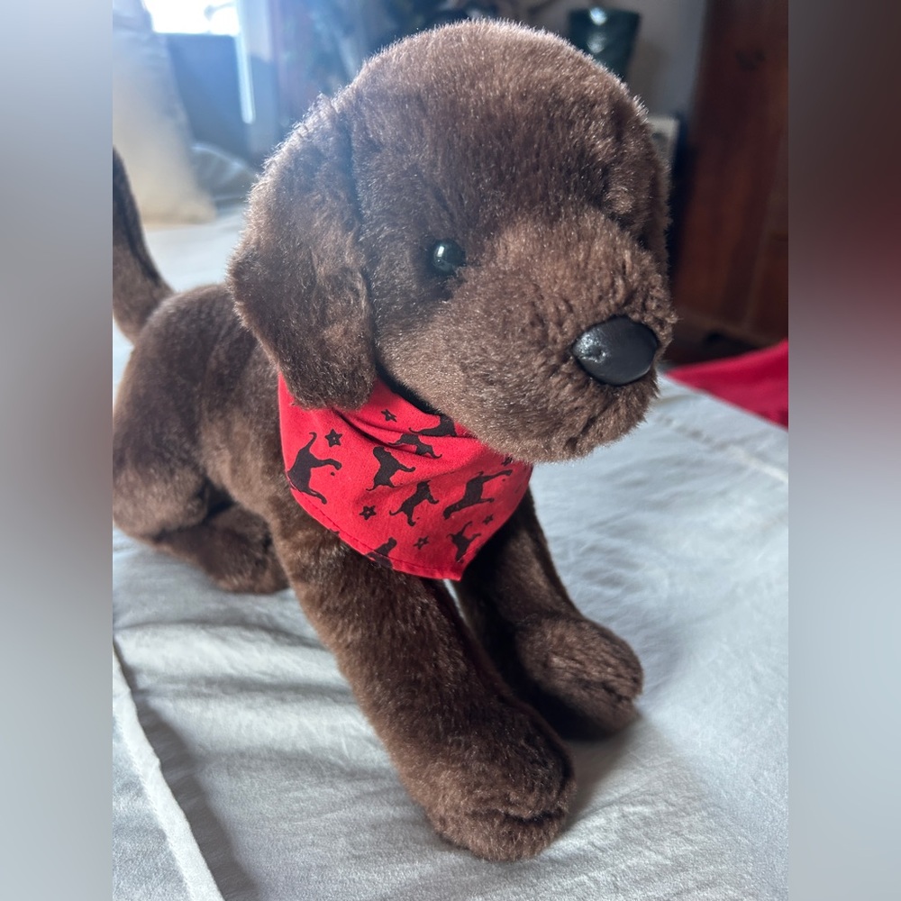 The Black Dog Brown Lab Plush Toy with Red Bandana Adorable Vintage - Rare